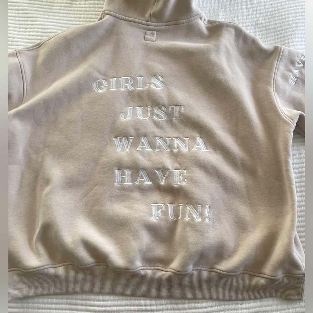 Beige Oversized ‘GIRLS JUST WANNA HAVE FUN!' Embroidered Hoodie